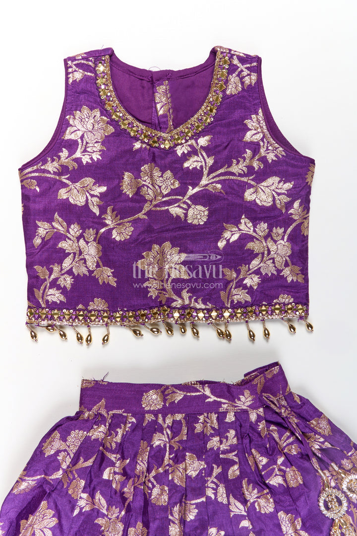 Girls Semi Banaras Lehenga Dark Purple with Floral Jaal Jacquard and Stone Beaded Blouse