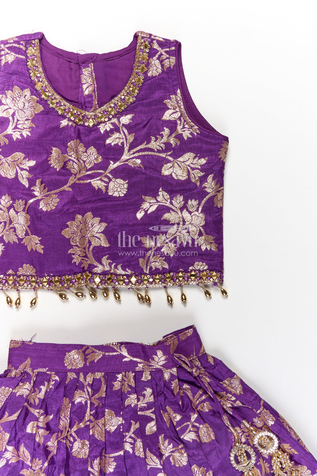 Girls Semi Banaras Lehenga Dark Purple with Floral Jaal Jacquard and Stone Beaded Blouse