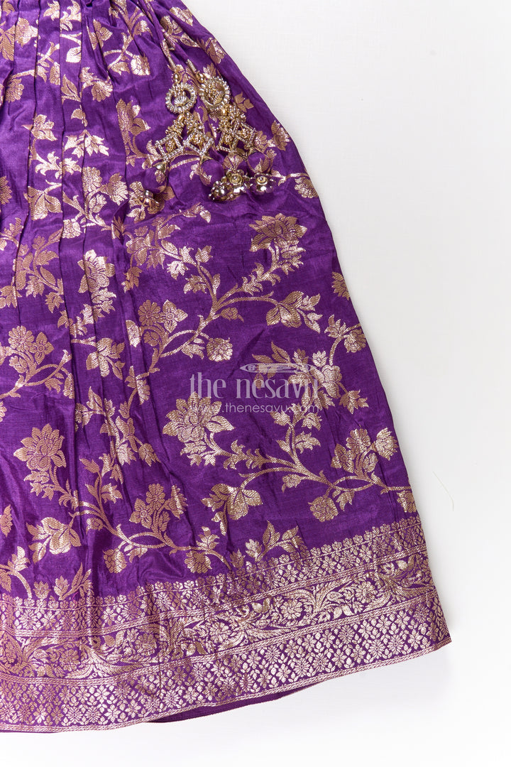 Girls Semi Banaras Lehenga Dark Purple with Floral Jaal Jacquard and Stone Beaded Blouse