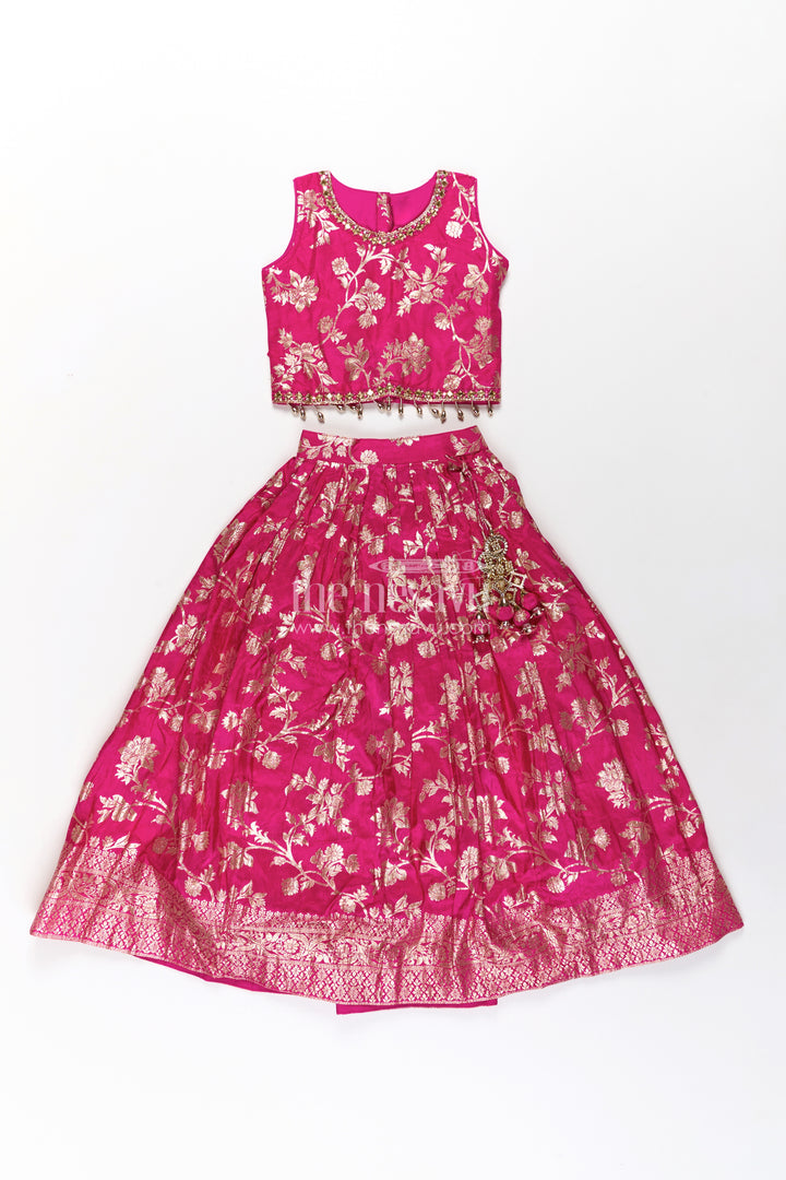 Girls Semi Banaras Lehenga Dress Pink with Floral Jaal Weaving and Bead Trimmed Choli