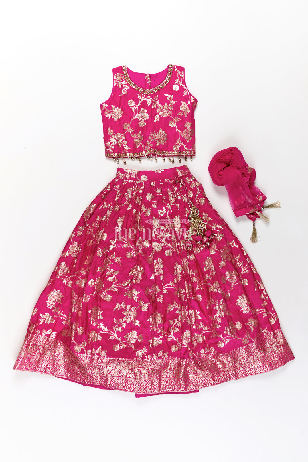 Girls Semi Banaras Lehenga Dress Pink with Floral Jaal Weaving and Bead Trimmed Choli