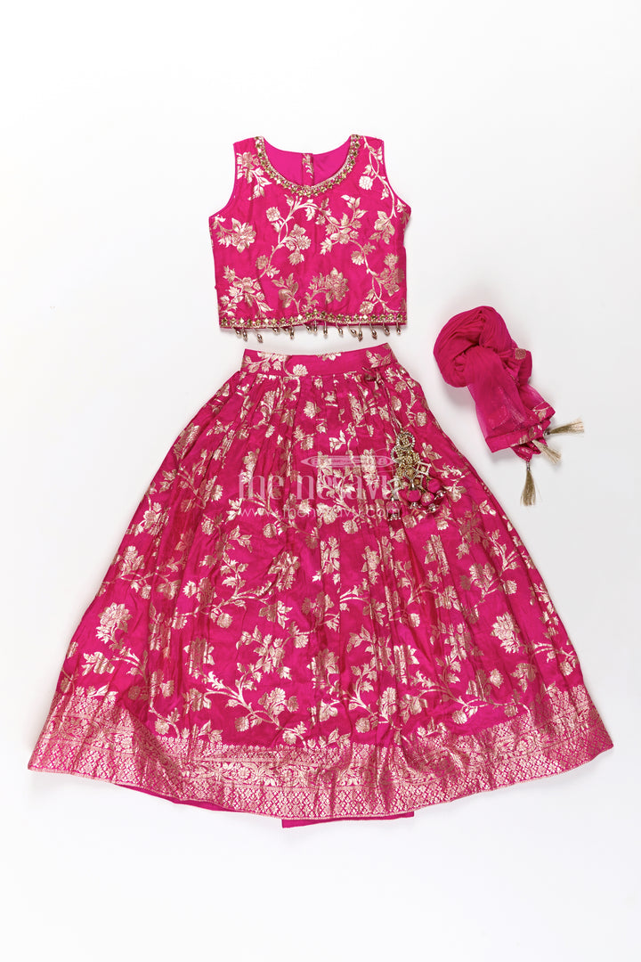 Girls Semi Banaras Lehenga Dress Pink with Floral Jaal Weaving and Bead Trimmed Choli