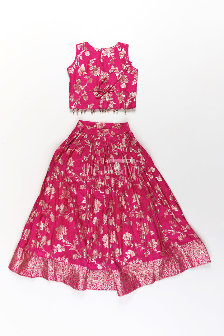 Girls Semi Banaras Lehenga Dress Pink with Floral Jaal Weaving and Bead Trimmed Choli