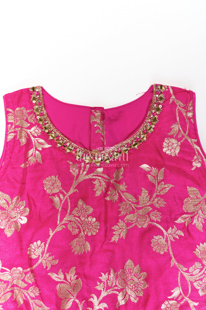 Girls Semi Banaras Lehenga Dress Pink with Floral Jaal Weaving and Bead Trimmed Choli