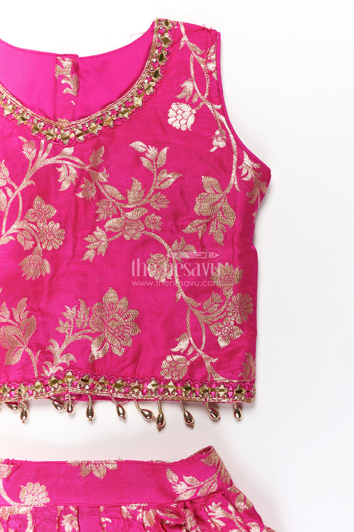 Girls Semi Banaras Lehenga Dress Pink with Floral Jaal Weaving and Bead Trimmed Choli