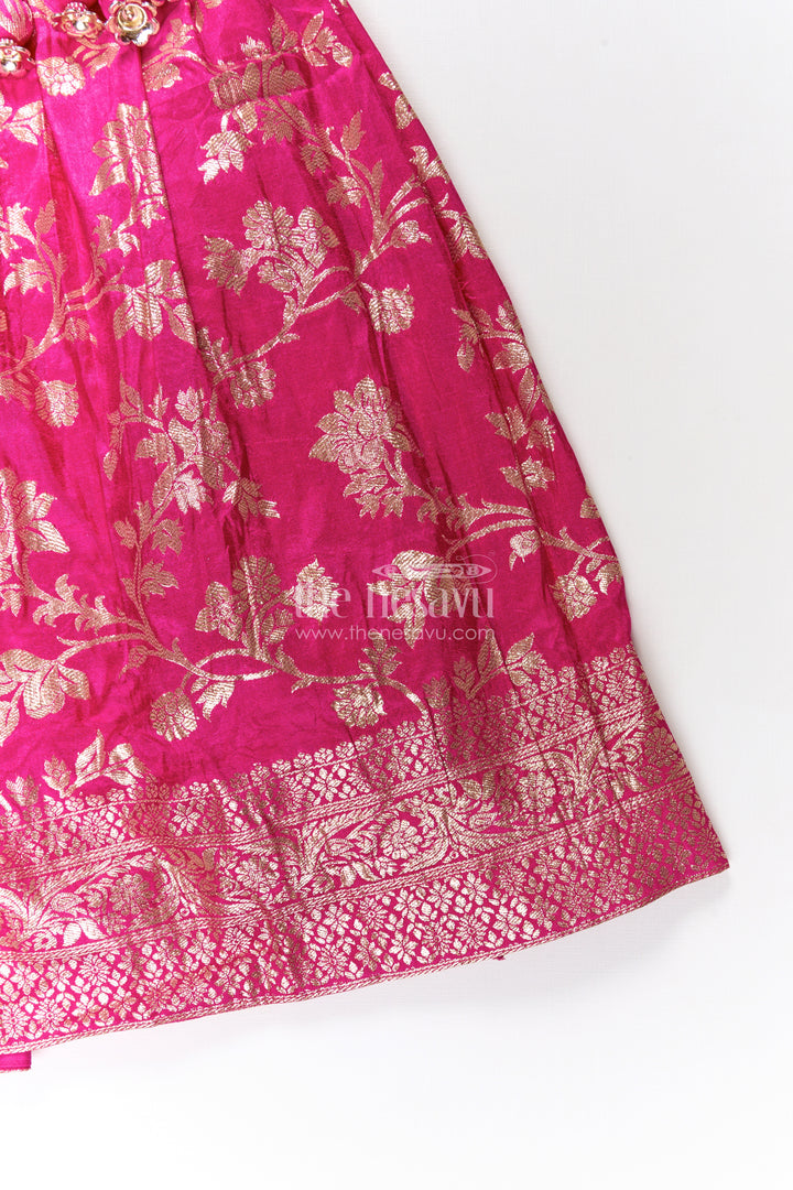 Girls Semi Banaras Lehenga Dress Pink with Floral Jaal Weaving and Bead Trimmed Choli