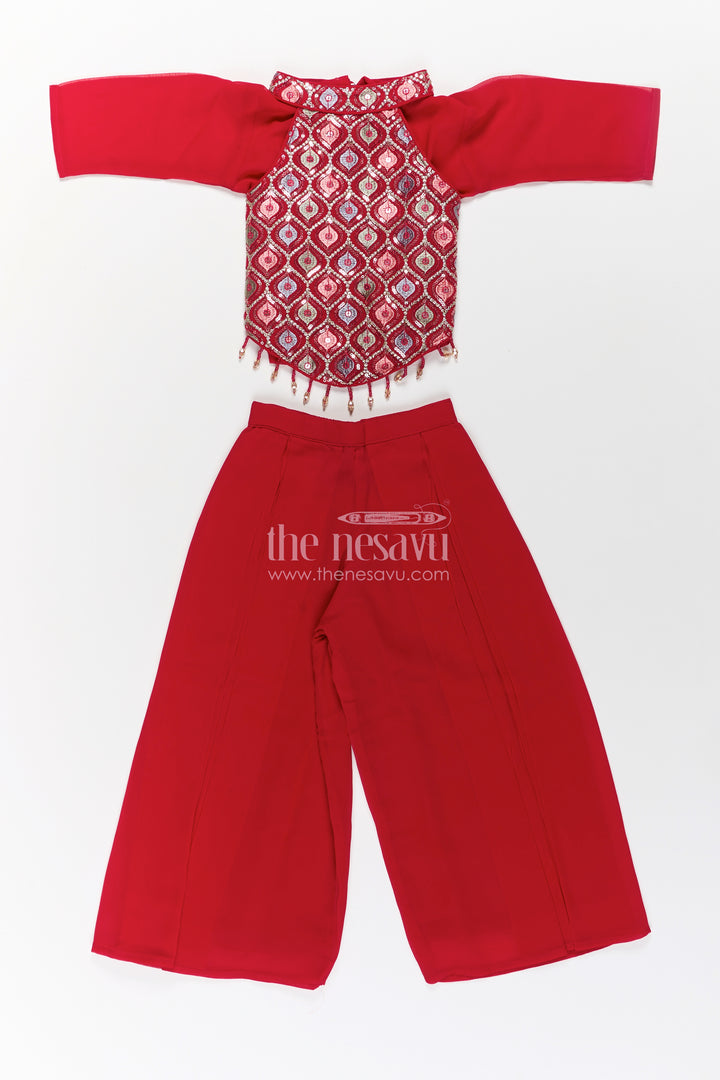 Girls Georgette Sharara Design with Embroidered Yoke and Layered Palazzo Set in Deep Maroon