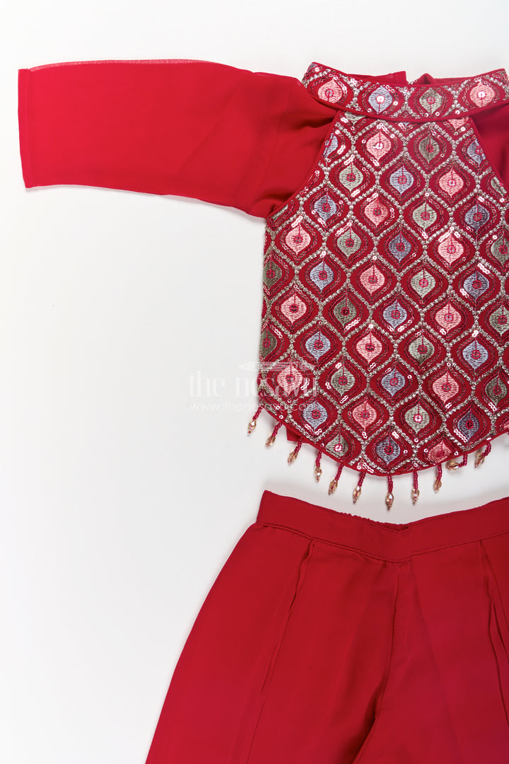 Girls Georgette Sharara Design with Embroidered Yoke and Layered Palazzo Set in Deep Maroon