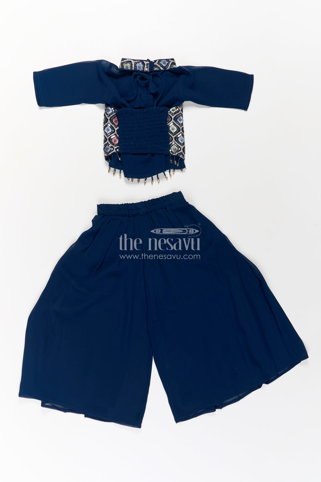 Girls Navy Blue Sharara Set with Embroidered Yoke and Flared Plazo in Navy Blue Sharara Style