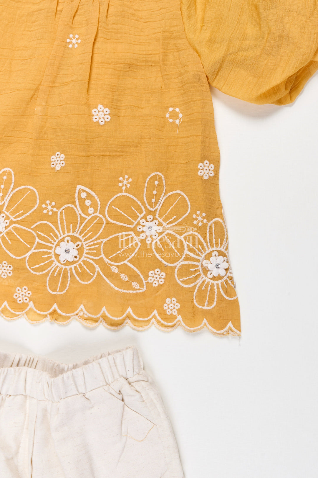 Suits and Co Ords for Girls in Mustard Cotton with White Pants and Floral Cutwork Embroidery
