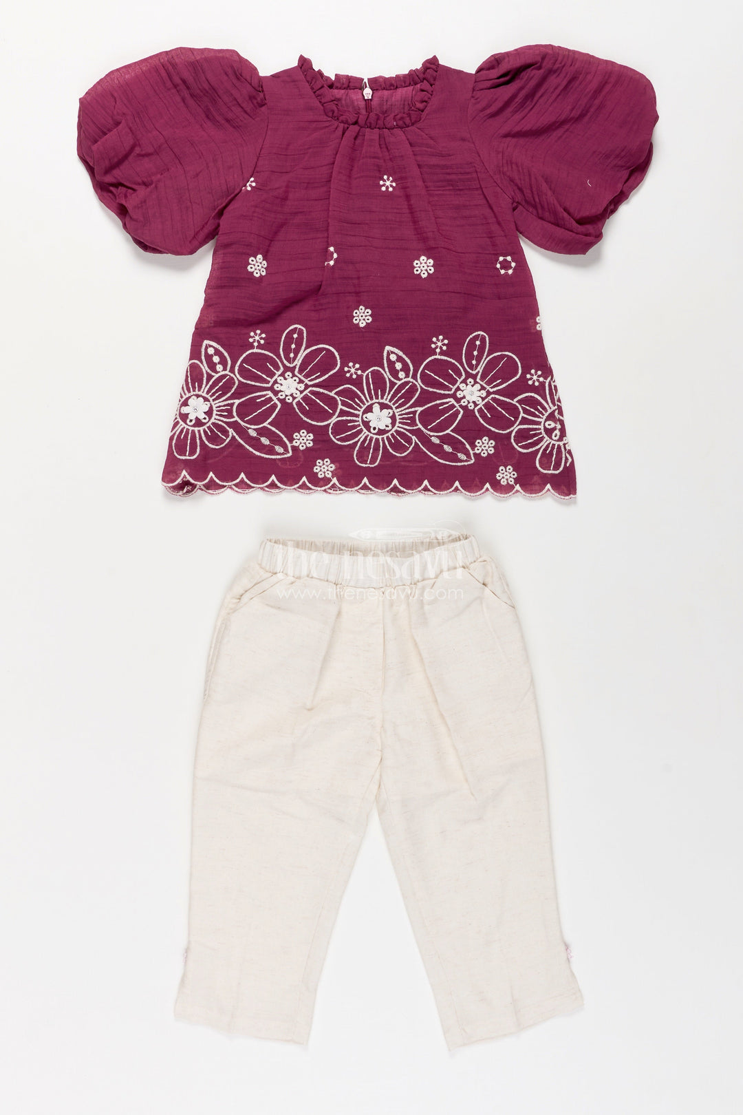 Womens Floral Co Ord for Girls in Maroon Cotton with Puff Sleeves and White Embroidered Bottoms
