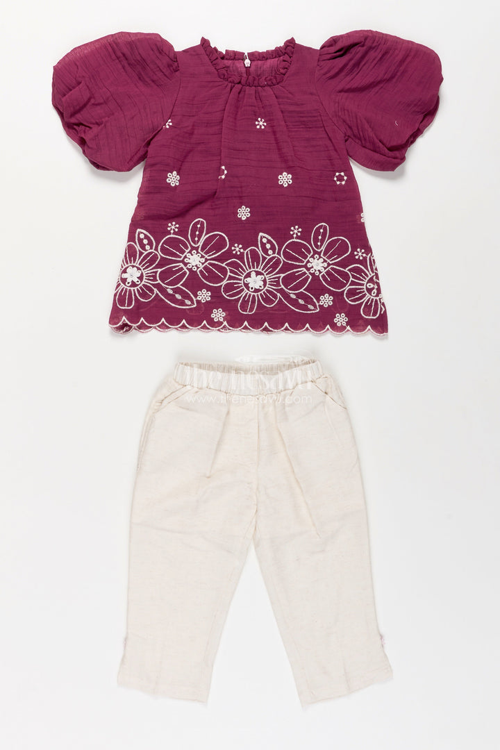 Womens Floral Co Ord for Girls in Maroon Cotton with Puff Sleeves and White Embroidered Bottoms