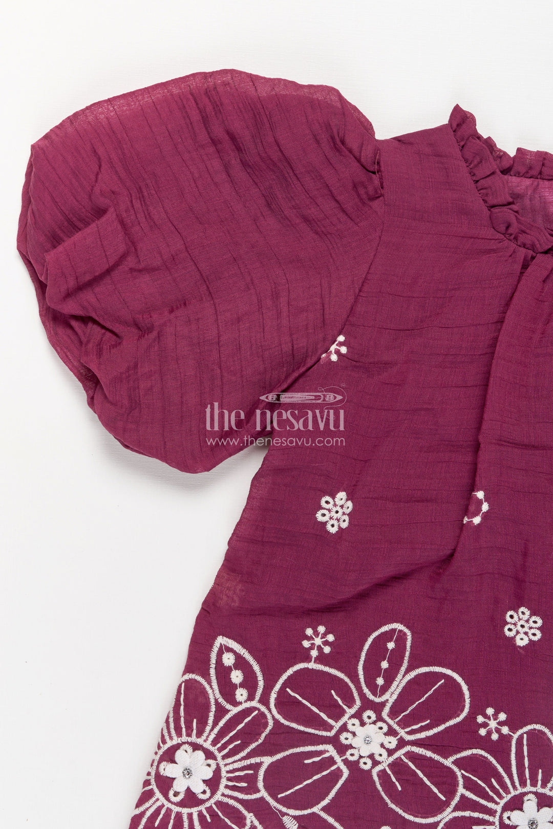 Womens Floral Co Ord for Girls in Maroon Cotton with Puff Sleeves and White Embroidered Bottoms