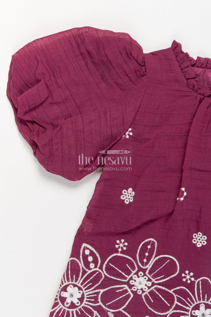 Womens Floral Co Ord for Girls in Maroon Cotton with Puff Sleeves and White Embroidered Bottoms
