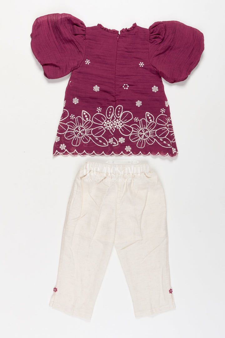 Womens Floral Co Ord for Girls in Maroon Cotton with Puff Sleeves and White Embroidered Bottoms