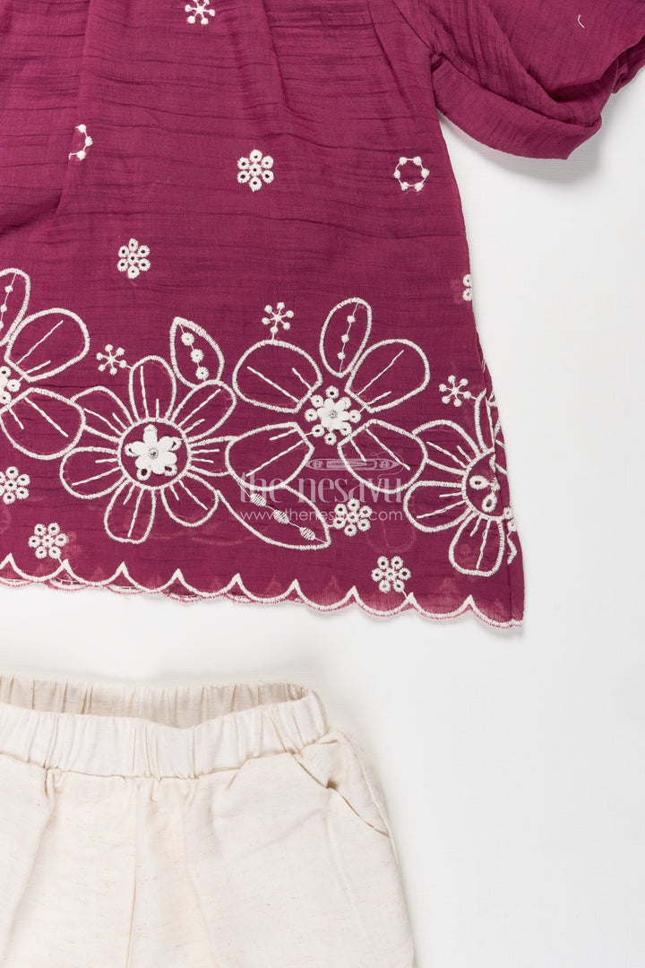Womens Floral Co Ord for Girls in Maroon Cotton with Puff Sleeves and White Embroidered Bottoms