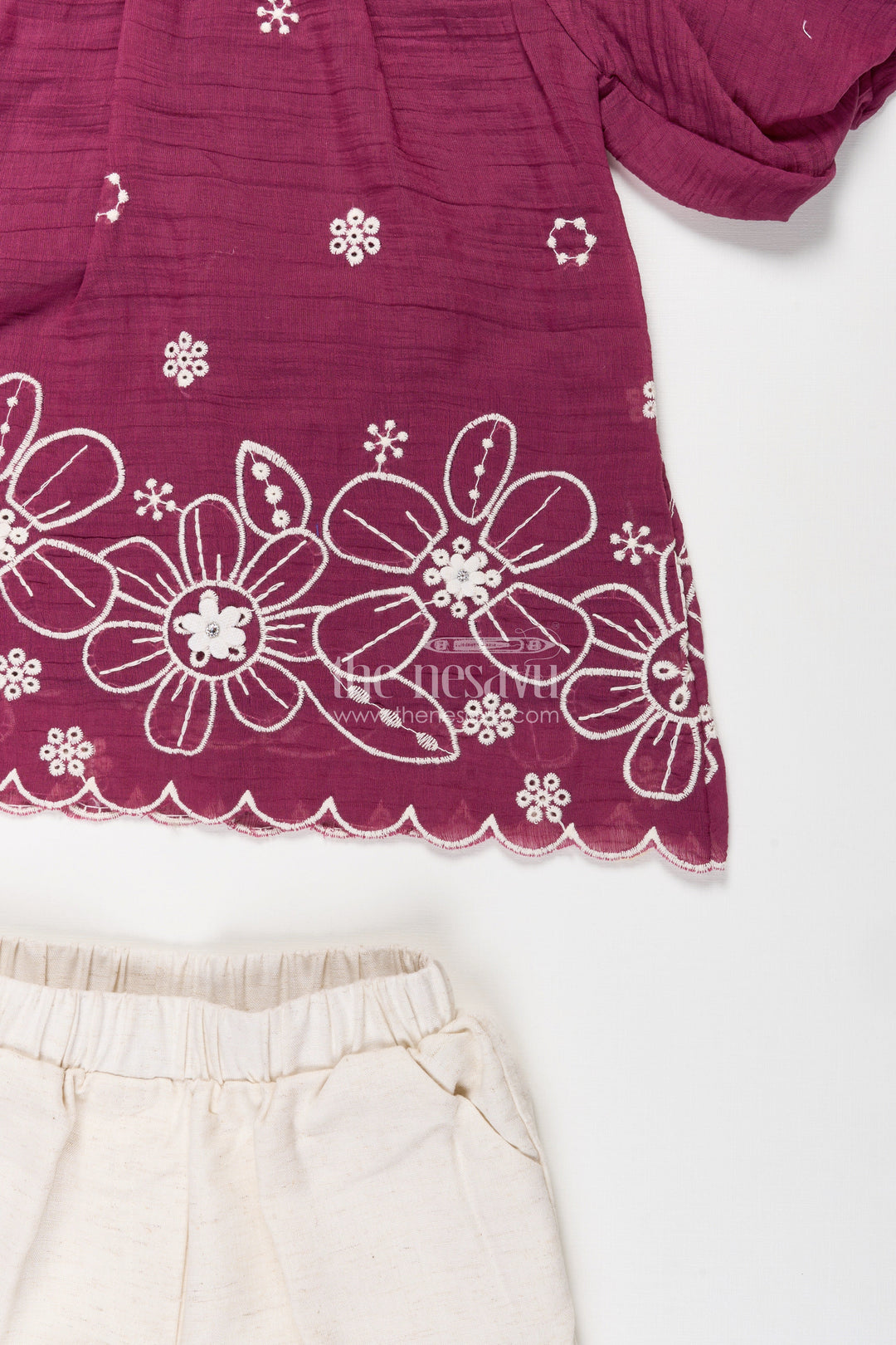Womens Floral Co Ord for Girls in Maroon Cotton with Puff Sleeves and White Embroidered Bottoms
