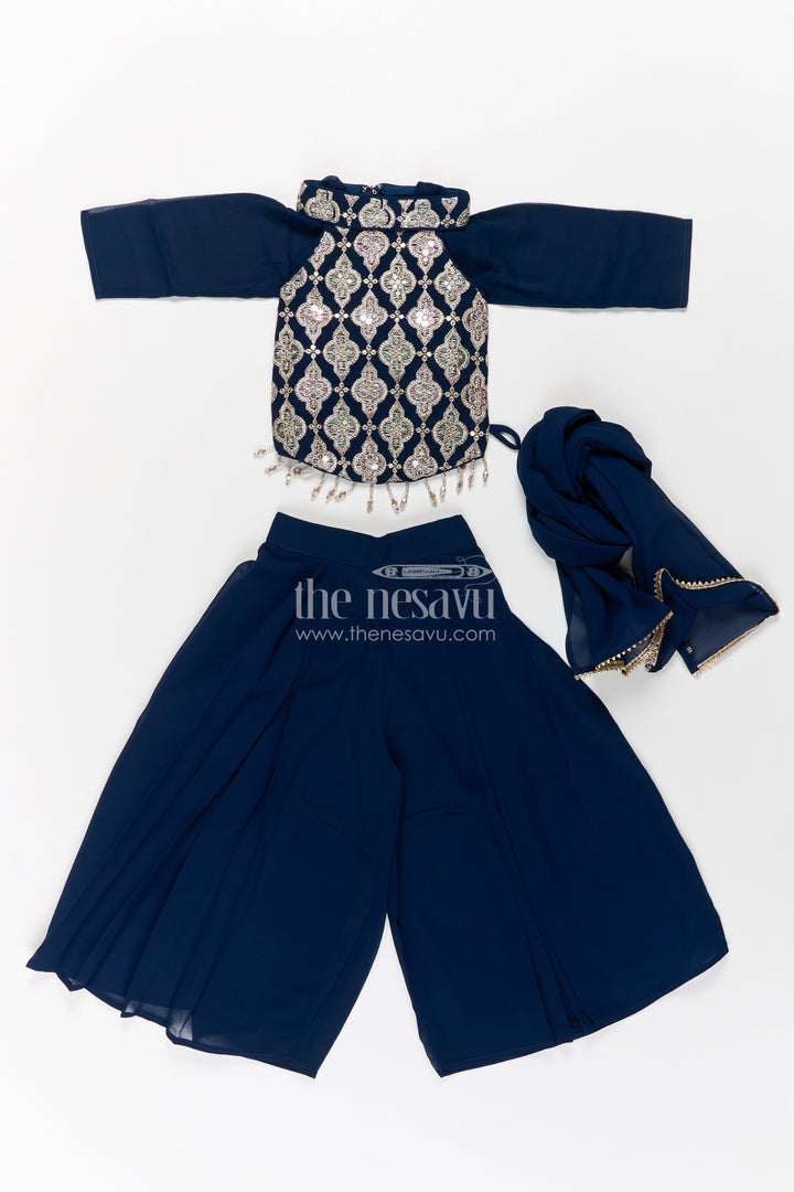 Girls Short Top with Sharara in Navy Blue with Embroidered Halter Neck and Flowy Pants