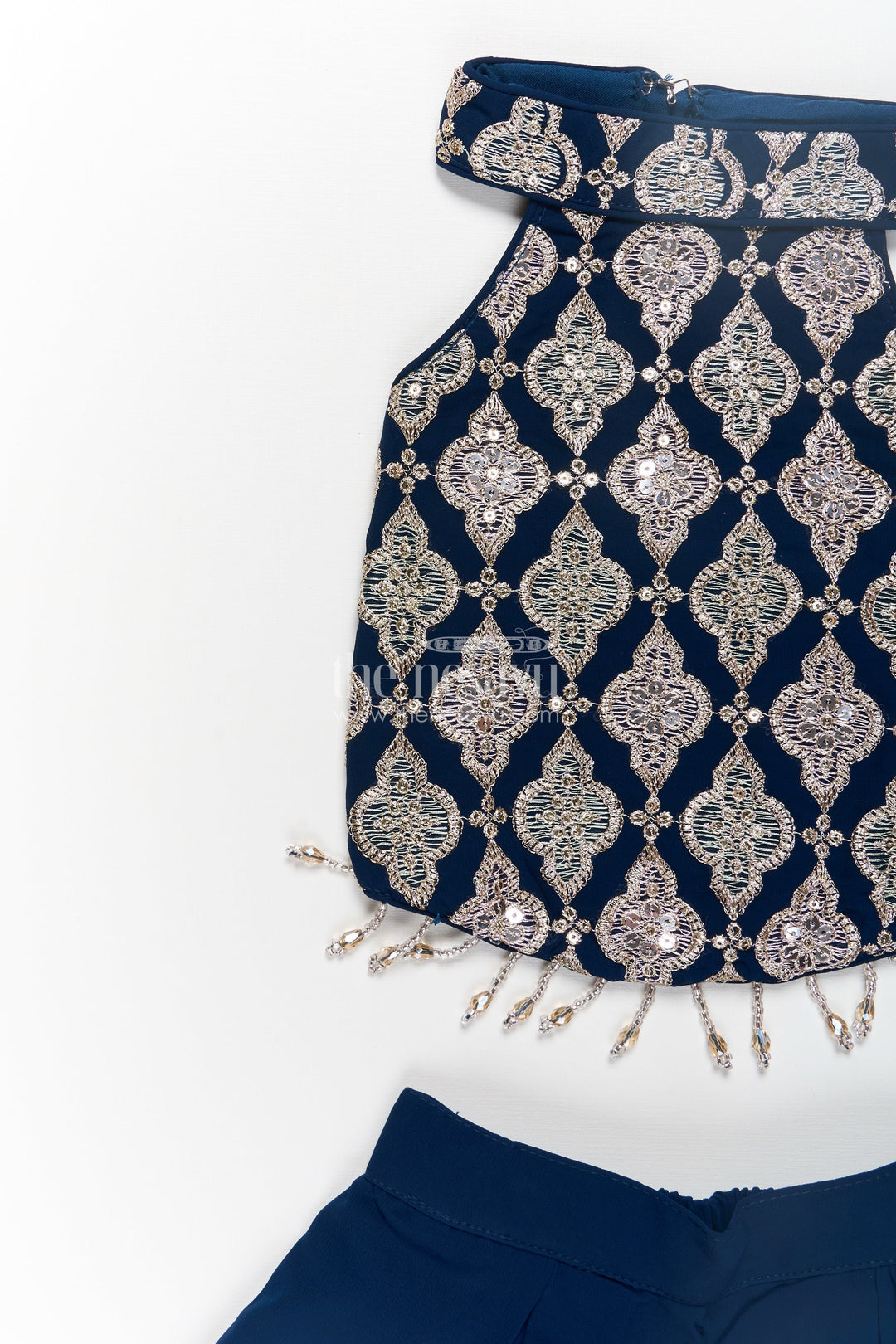 Girls Short Top with Sharara in Navy Blue with Embroidered Halter Neck and Flowy Pants