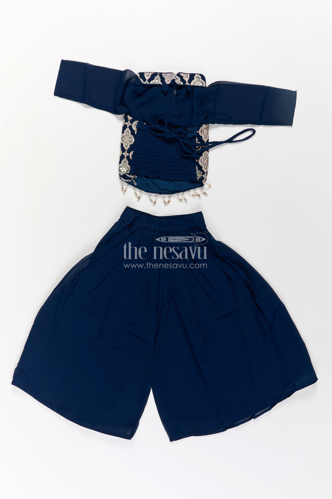 Girls Short Top with Sharara in Navy Blue with Embroidered Halter Neck and Flowy Pants