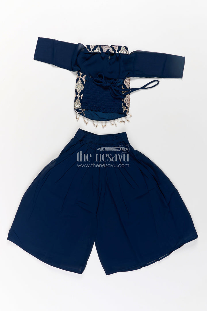 Girls Short Top with Sharara in Navy Blue with Embroidered Halter Neck and Flowy Pants