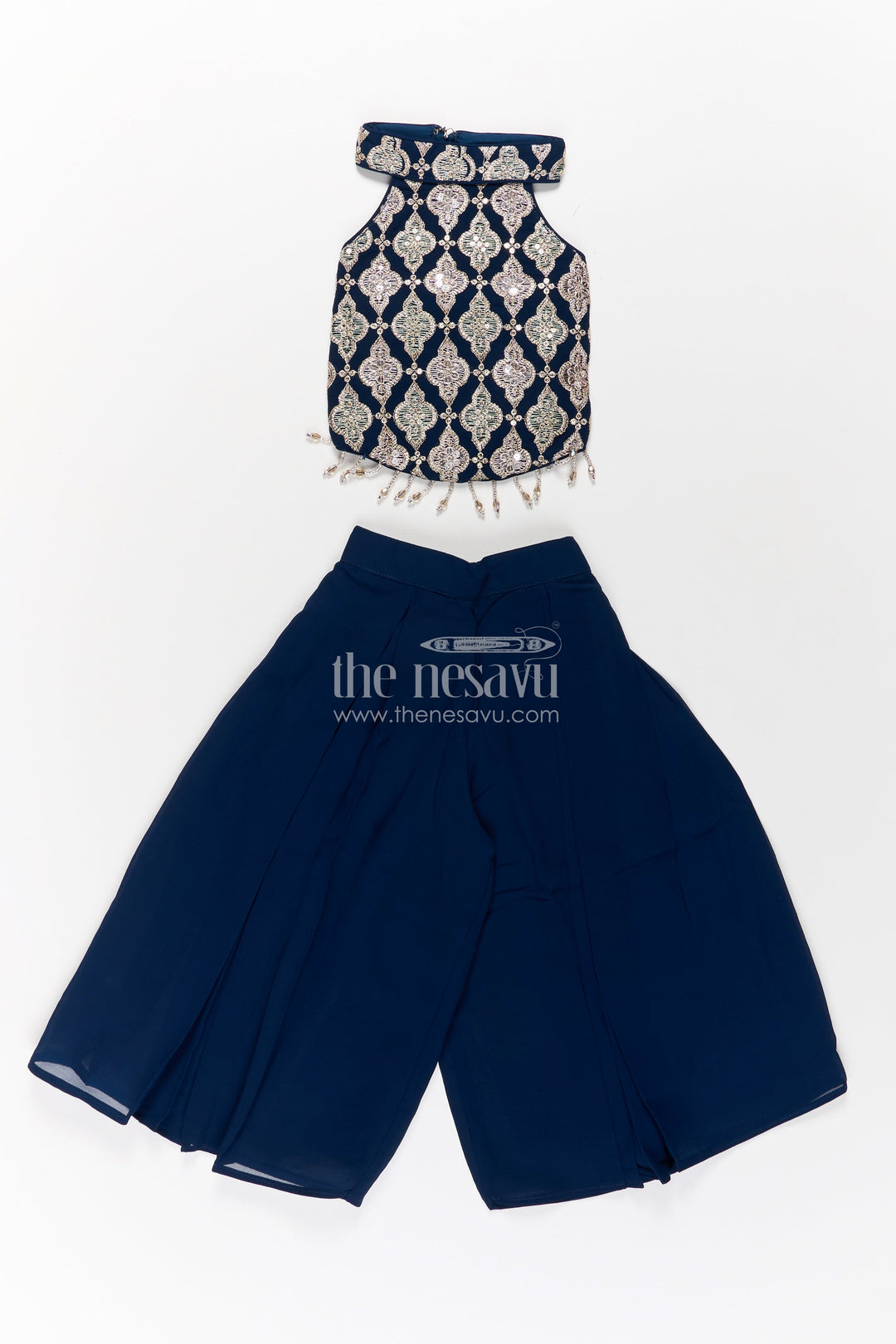 Girls Short Top with Sharara in Navy Blue with Embroidered Halter Neck and Flowy Pants