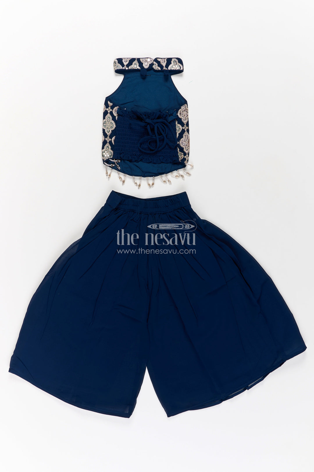Girls Short Top with Sharara in Navy Blue with Embroidered Halter Neck and Flowy Pants
