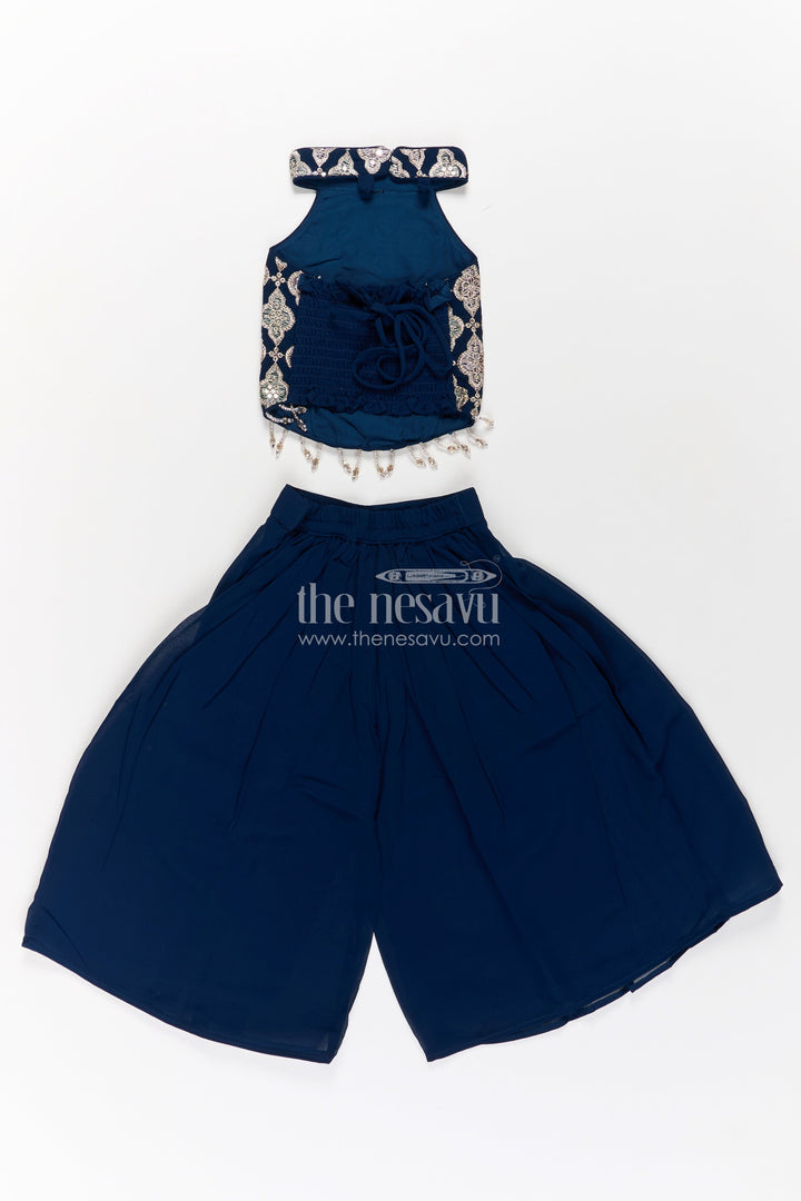 Girls Short Top with Sharara in Navy Blue with Embroidered Halter Neck and Flowy Pants