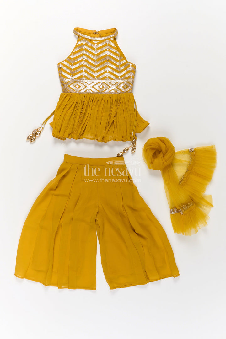 Girls Mustard Dress with Sharara in Georgette Featuring Ruffle Hem and Shimmering Chevron Design