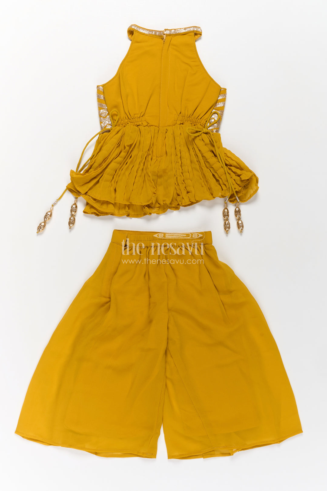 Girls Mustard Dress with Sharara in Georgette Featuring Ruffle Hem and Shimmering Chevron Design