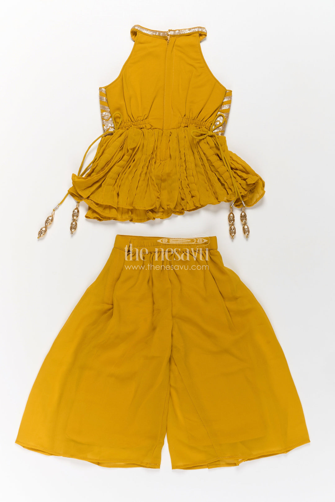 Girls Mustard Dress with Sharara in Georgette Featuring Ruffle Hem and Shimmering Chevron Design