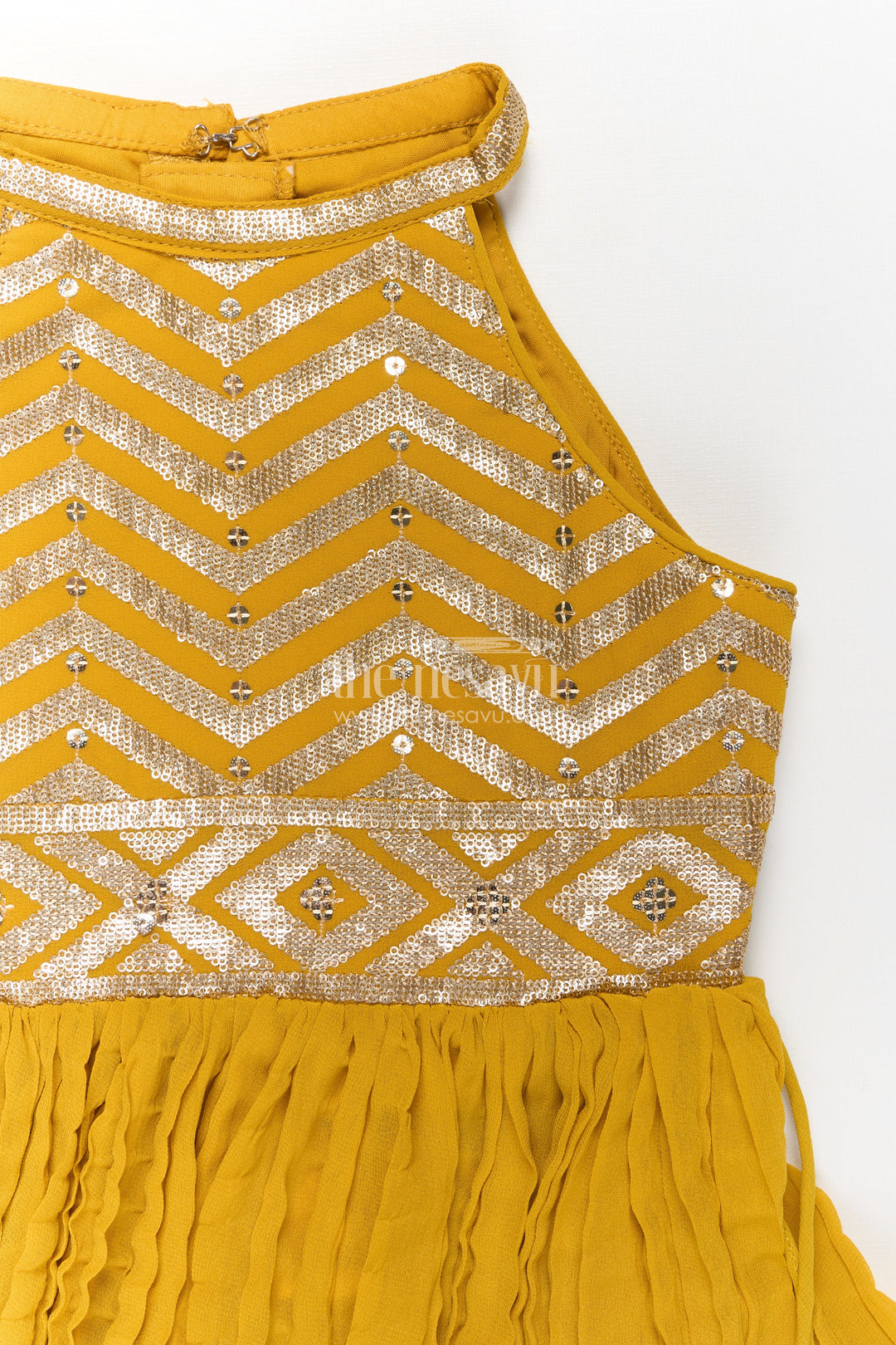 Girls Mustard Dress with Sharara in Georgette Featuring Ruffle Hem and Shimmering Chevron Design