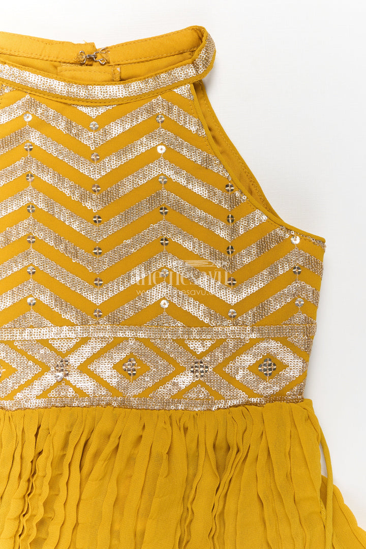 Girls Mustard Dress with Sharara in Georgette Featuring Ruffle Hem and Shimmering Chevron Design