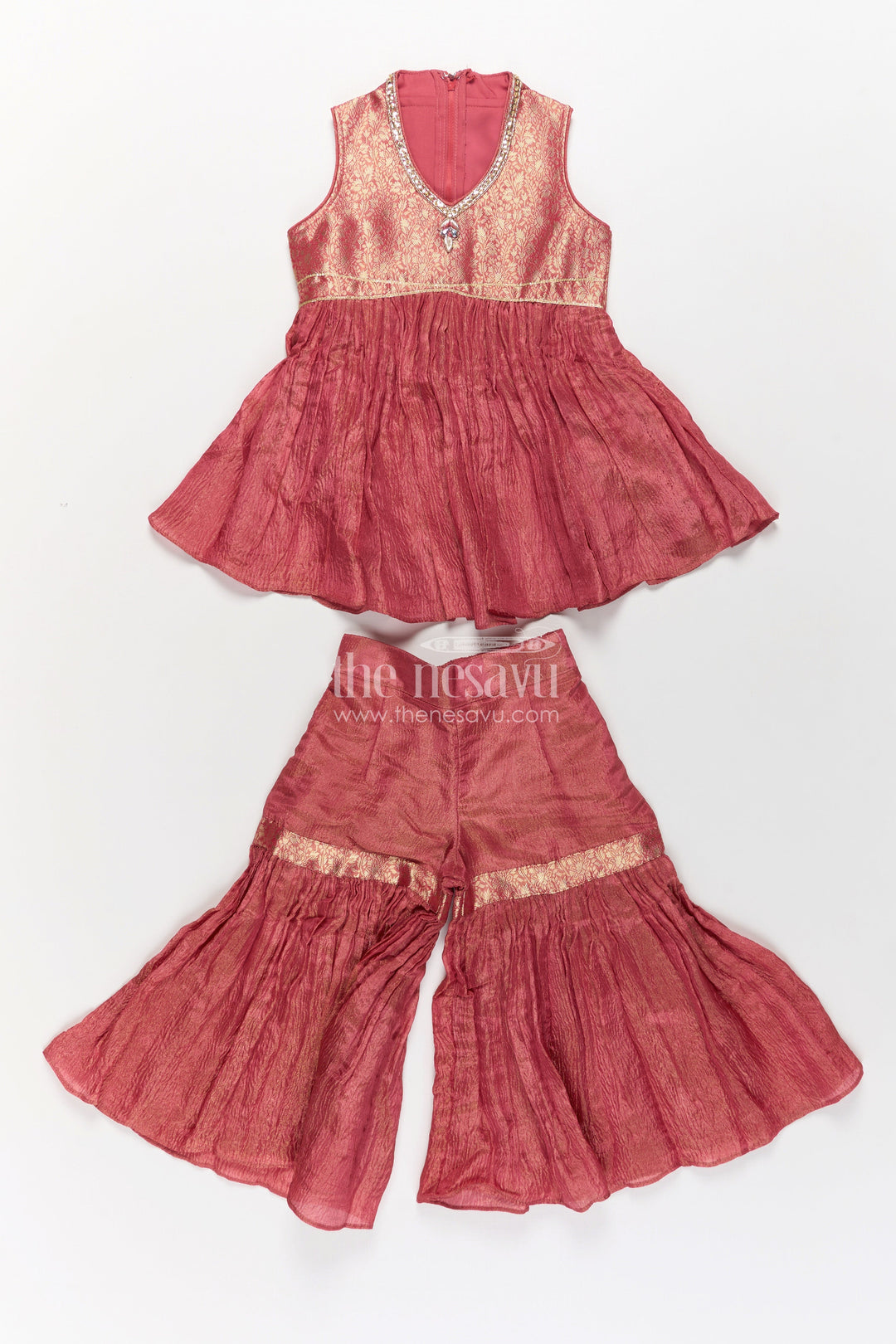 Pink Colour Sharara Set for Girls in Organza with Brocade Top Dupatta and Flared Bottoms