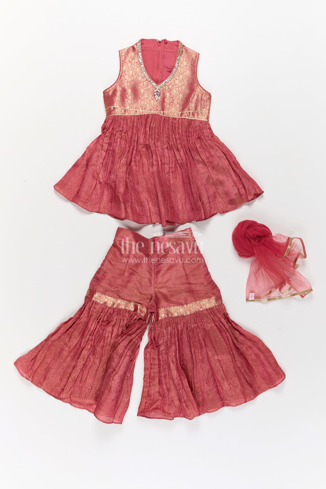 Pink Colour Sharara Set for Girls in Organza with Brocade Top Dupatta and Flared Bottoms