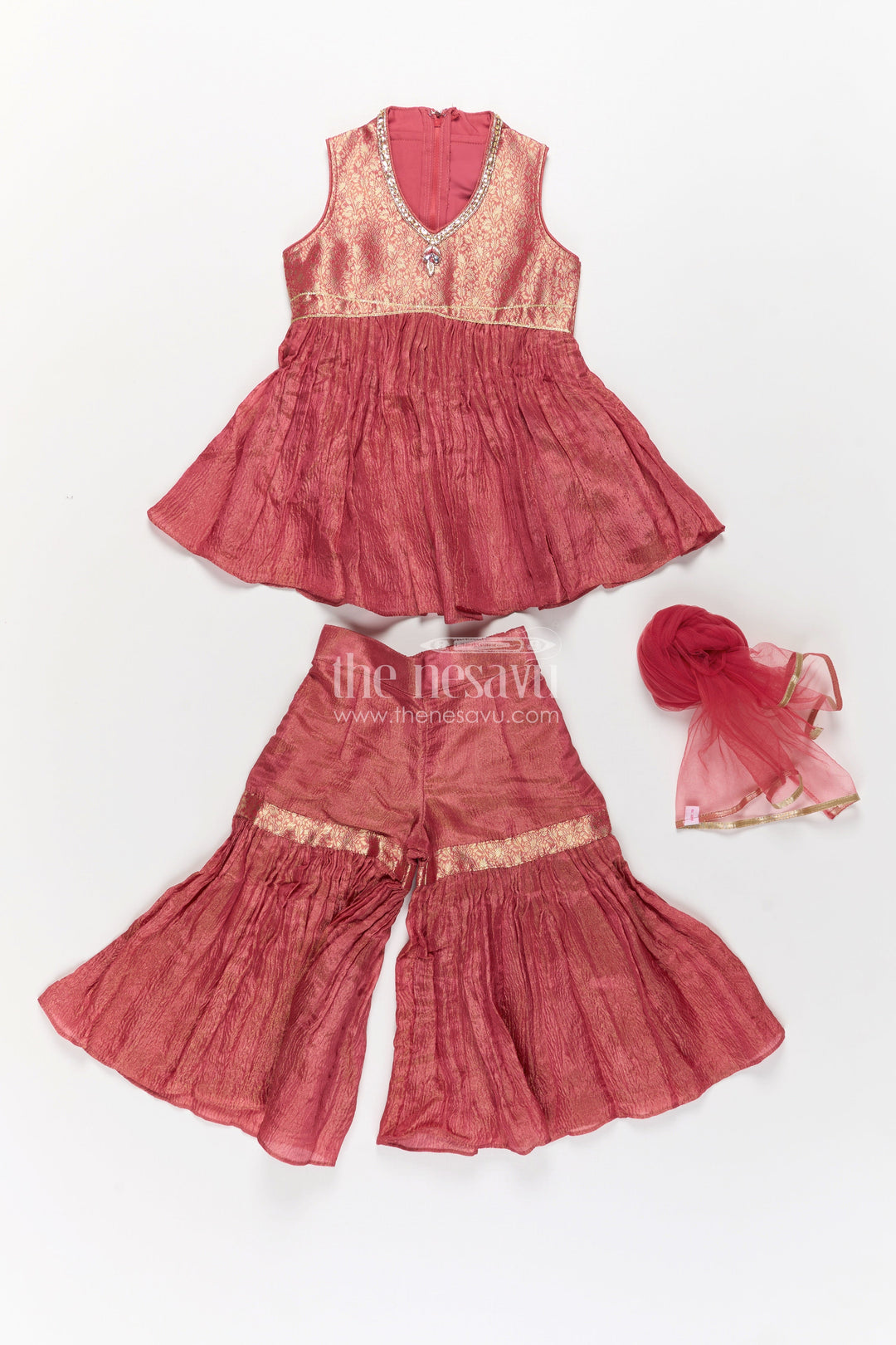 Pink Colour Sharara Set for Girls in Organza with Brocade Top Dupatta and Flared Bottoms