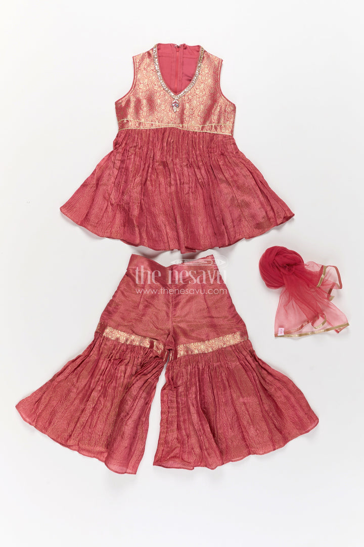 Pink Colour Sharara Set for Girls in Organza with Brocade Top Dupatta and Flared Bottoms