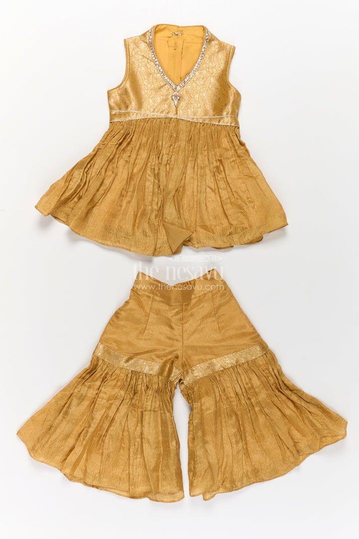 Sharara Outfit for Girls in Mustard Organza with Embroidered Sleeveless Top and Ruffled Pants