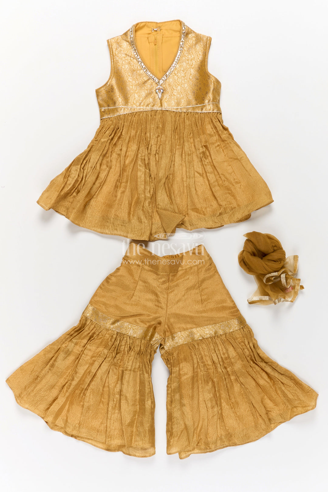 Sharara Outfit for Girls in Mustard Organza with Embroidered Sleeveless Top and Ruffled Pants