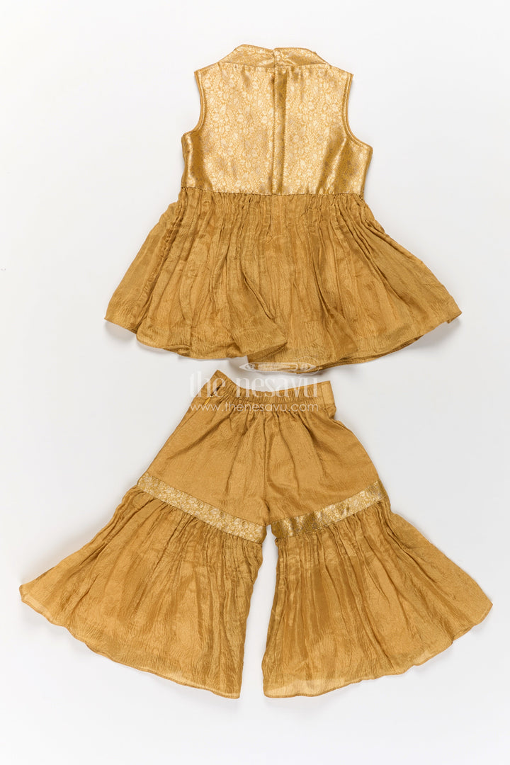 Sharara Outfit for Girls in Mustard Organza with Embroidered Sleeveless Top and Ruffled Pants