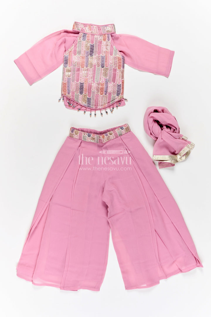 Girls Georgette Sharara Suit in Mauve with Embroidered Yoke and Palazzo Pants Set