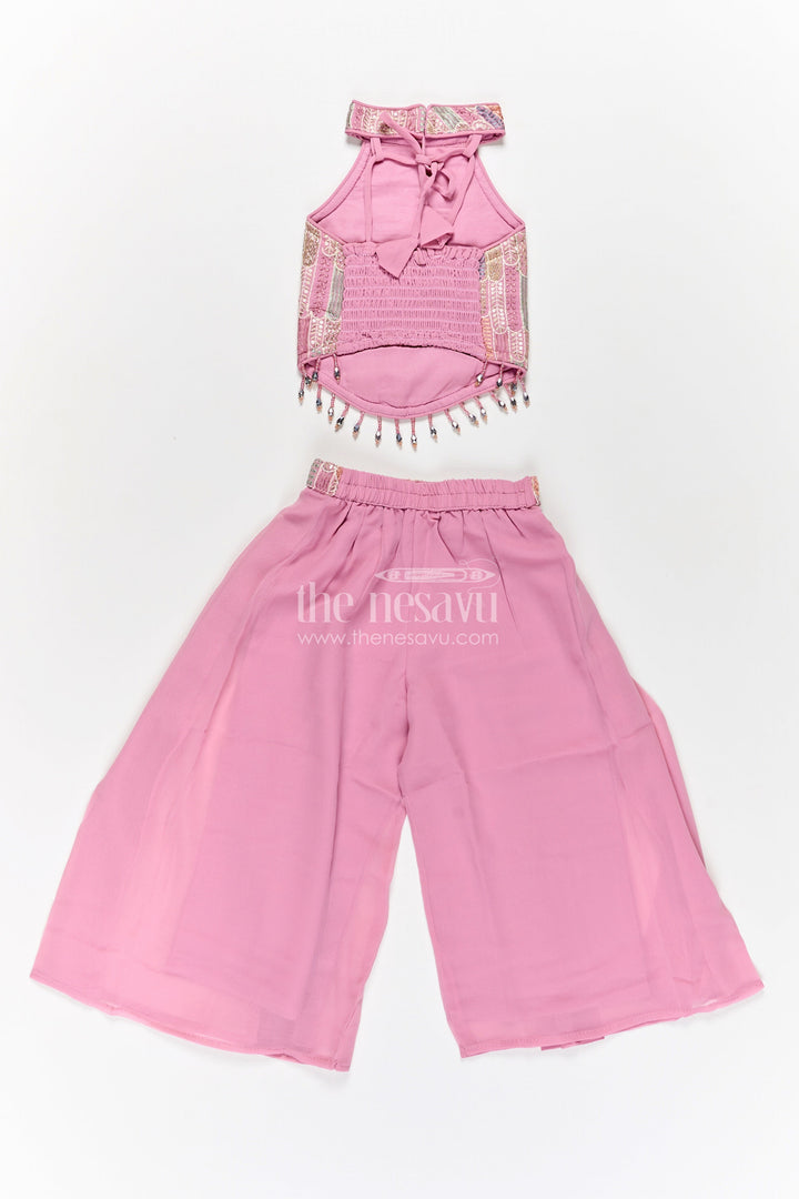Girls Georgette Sharara Suit in Mauve with Embroidered Yoke and Palazzo Pants Set