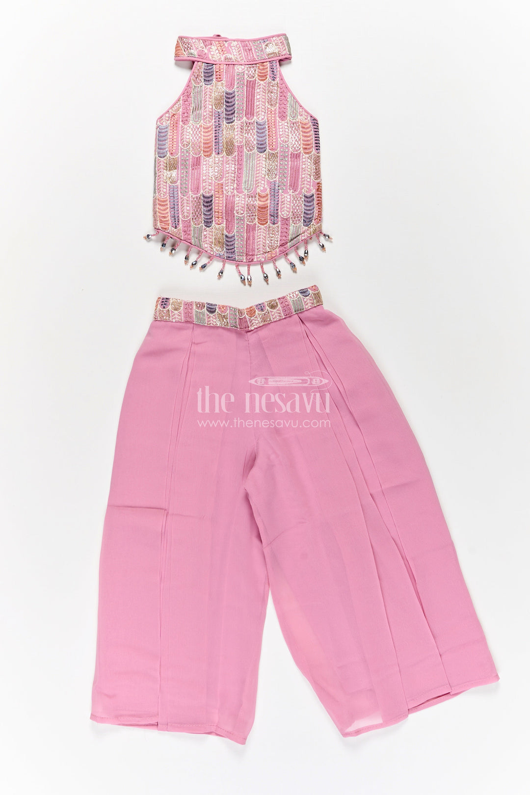 Girls Georgette Sharara Suit in Mauve with Embroidered Yoke and Palazzo Pants Set