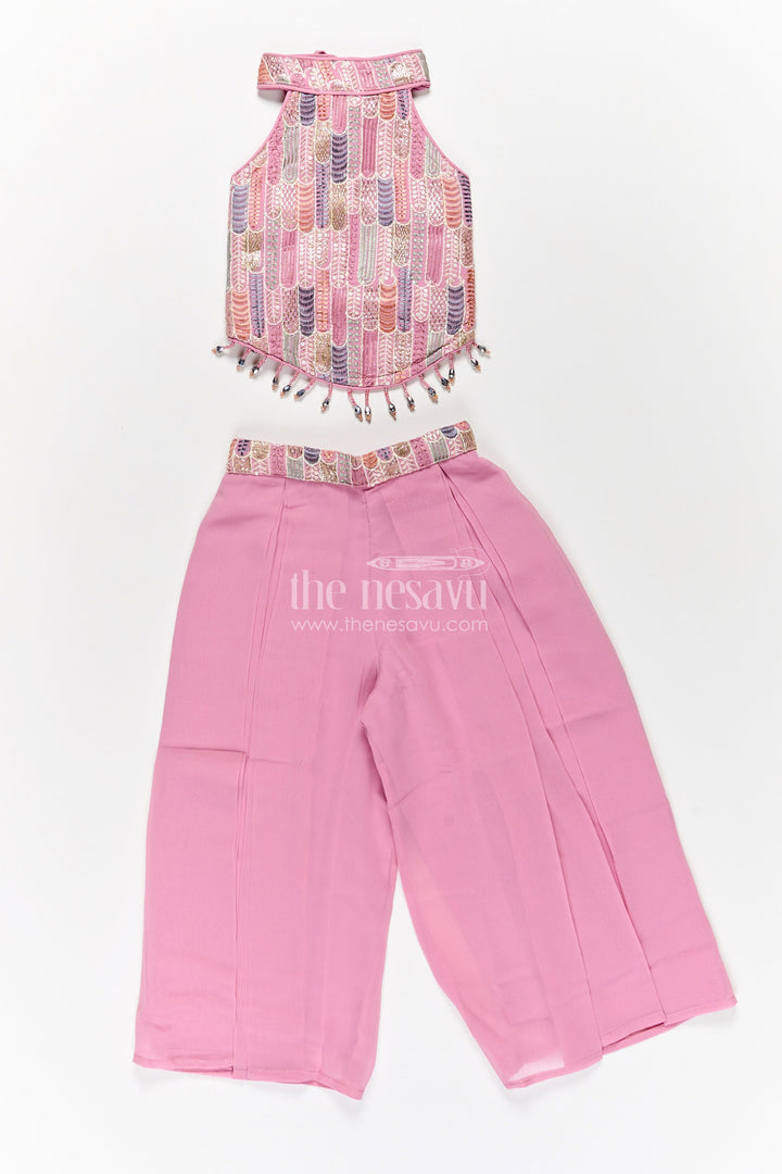 Girls Georgette Sharara Suit in Mauve with Embroidered Yoke and Palazzo Pants Set