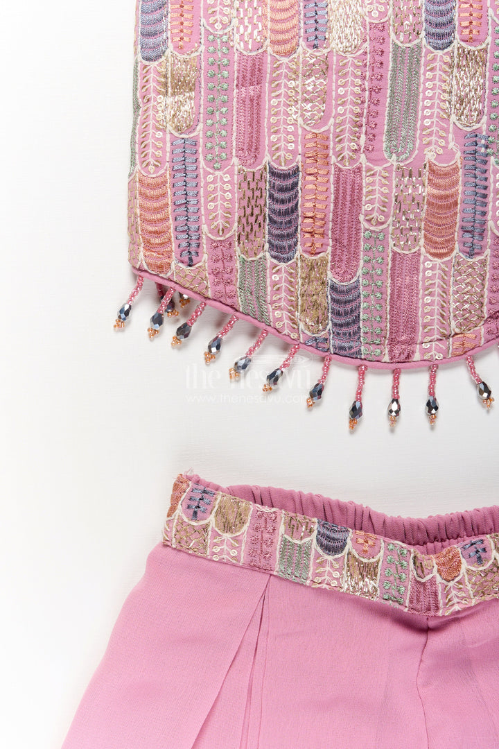 Girls Georgette Sharara Suit in Mauve with Embroidered Yoke and Palazzo Pants Set