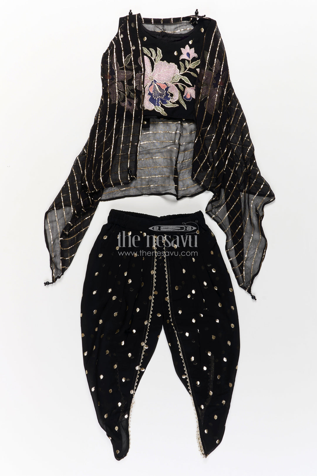 Girls Georgette Dhoti Plazo Design with Black Embroidered Yoke Top and Mirror Work Dupatta