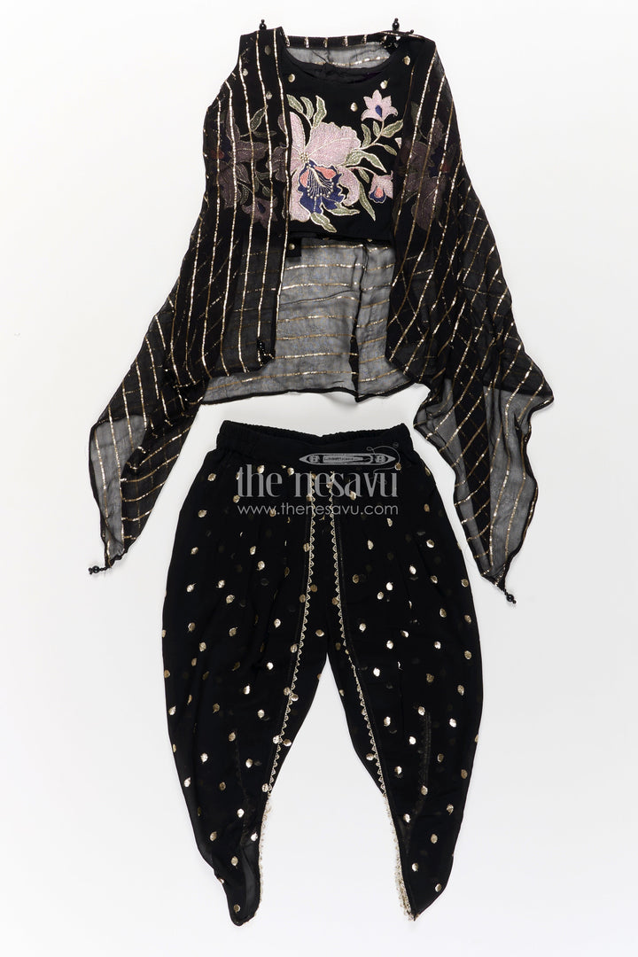 Girls Georgette Dhoti Plazo Design with Black Embroidered Yoke Top and Mirror Work Dupatta