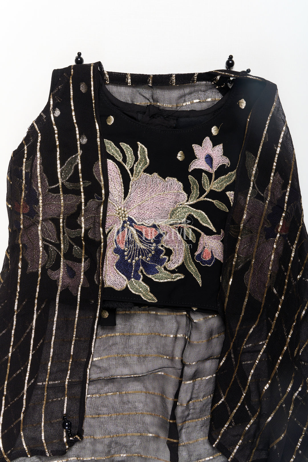 Girls Georgette Dhoti Plazo Design with Black Embroidered Yoke Top and Mirror Work Dupatta