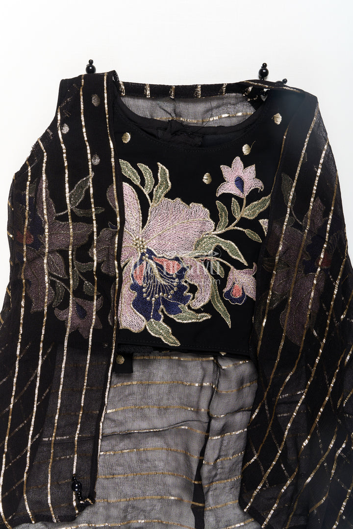 Girls Georgette Dhoti Plazo Design with Black Embroidered Yoke Top and Mirror Work Dupatta
