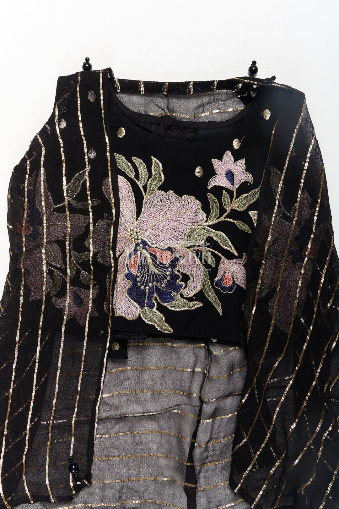 Girls Georgette Dhoti Plazo Design with Black Embroidered Yoke Top and Mirror Work Dupatta